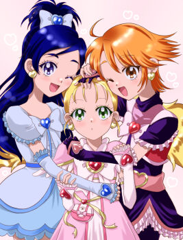 3girls :o anime_coloring arm_around_neck arm_around_waist belt belt_buckle black_arm_warmers black_dress black_gloves black_hair black_shorts blonde_hair bow bowtie brooch brown_eyes brown_hair buckle commentary_request cowboy_shot cure_black cure_white dot_nose dress earrings expressionless eyelashes fingerless_gloves forehead frilled_arm_warmers frilled_dress frilled_sleeves frills futari_wa_precure futari_wa_precure_max_heart gloves gold_buckle gold_earrings green_eyes group_hug hair_bow hair_ornament hand_on_another&#039;s_hand hand_on_another&#039;s_head happy heart heart-shaped_buckle heart_brooch heart_earrings heart_hair_ornament high_ponytail highres holding_another&#039;s_arm hug jewelry kujou_hikari light_blush long_dress long_hair looking_at_viewer magical_girl misumi_nagisa multiple_girls ofutonnnineko one_eye_closed open_mouth parted_lips pink_arm_warmers pink_background pink_bag pink_belt pink_bow pink_bowtie pink_dress ponytail precure ribbon shiny_luminous short_dress short_hair short_ponytail short_sleeves shorts shorts_under_skirt side_slit smile swept_bangs turtleneck turtleneck_dress twintails very_long_hair waist_ribbon white_arm_warmers white_bow white_bowtie white_dress yellow_ribbon yukishiro_honoka