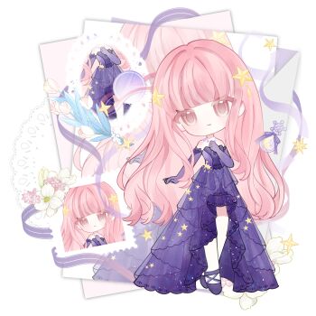 1girl absurdres artist_request bare_shoulders blunt_bangs brown_eyes chibi chinese_commentary closed_mouth colored_eyelashes commentary_request commission dress elbow_gloves envelope expressionless flower frilled_dress frilled_gloves frills gloves gown hair_ornament hand_on_own_chest highres jewelry light_blush long_dress long_hair long_sidelocks looking_at_viewer necklace nikki_(nikki) nikki_(series) pink_hair postage_stamp print_dress purple_dress purple_gloves second-party_source sidelocks standing star_(symbol) star_hair_ornament star_necklace star_print star_sea_(nikki) starry_sky_print strapless strapless_dress tulip very_long_hair wavy_hair white_background white_flower