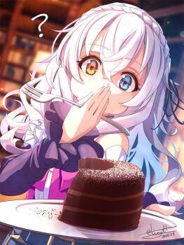 Rule 34 | 1girl, artist name, braid, cake, commentary request, covering own mouth, crown braid, dessert, dress, eiyuu densetsu, flower hairband, food, food focus, fork, frilled dress, frills, gothic lolita, hairband, hajimari no kiseki, highres, holding, holding fork, joints, kai no kiseki, kuro no kiseki (series), lapis rosenberg, lolita fashion, lolita hairband, multicolored eyes, purple dress, sweets, tinybiard, white hair
