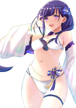 1girl absurdres bare_shoulders beach bikini black_choker blue_pupils blunt_bangs blush braid breasts choker cleavage commentary detached_sleeves flower_ornament from_below genshin_impact happy highres long_braid long_hair long_sleeves medium_breasts mole mole_under_eye multicolored_eyes multicolored_hair mxsoundtube navel open_mouth purple_eyes purple_hair raiden_shogun shade simple_background single_braid smile solo standing stomach streaked_hair swimsuit teeth thighs upper_body upper_teeth_only white_background white_bikini wide_sleeves
