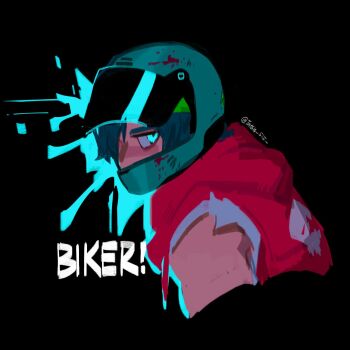 Rule 34 | 1boy, aqua eyes, biker (hotline miami), black background, blood, blood on helmet, blue hair, cropped torso, english text, green headband, hair over one eye, hashtag-only commentary, headband, helmet, highres, hotline miami, jacket, looking to the side, male focus, motorcycle helmet, red jacket, shirt, short hair, sideways glance, simple background, sleeveless, sleeveless jacket, solo, tatsu (tatsumccree), torn clothes, torn sleeves, twitter username, white shirt
