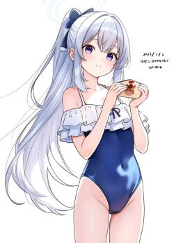 1girl blue_archive blue_halo blue_one-piece_swimsuit breasts casual_one-piece_swimsuit commentary_request covered_navel cowboy_shot dated ema frilled_one-piece_swimsuit frills grey_hair halo hanako_(peanut) highres holding long_hair looking_at_viewer miyako_(blue_archive) miyako_(swimsuit)_(blue_archive) off-shoulder_one-piece_swimsuit off_shoulder official_alternate_costume one-piece_swimsuit ponytail purple_eyes simple_background small_breasts smile solo standing swimsuit two-tone_one-piece_swimsuit white_background