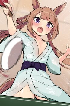 Rule 34 | 1girl, akizuki shigure, alternate costume, animal ears, ball, braid, brown hair, collarbone, commentary request, flat chest, highres, holding, holding table tennis paddle, horse ears, horse girl, horse tail, japanese clothes, kimono, long hair, open mouth, paddle, purple eyes, solo, sweat, sweep tosho (umamusume), table tennis, table tennis ball, table tennis paddle, tail, thighs, twintails, umamusume, yukata