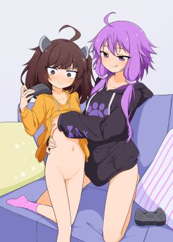 2girls absurdres age_difference black_hoodie brown_eyes brown_hair cleft_of_venus closed_mouth clothes_lift commentary_request controller couch cushion game_controller highres holding holding_controller holding_game_controller hood hoodie kneeling large_variant_set licking_lips loli long_sleeves looking_at_another luke_(b10a3123m) multiple_girls no_panties on_couch onee-loli pink_socks purple_eyes purple_hair pussy pussy_juice pussy_juice_trail shirt shirt_lift smile socks tongue tongue_out touhoku_kiritan twintails variant_set voiceroid yellow_shirt yuri yuzuki_yukari