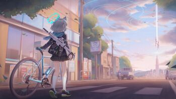 5girls absurdres animal_ear_fluff animal_ears atokani backpack bag bicycle black_gloves black_jacket black_shoes black_skirt blue_archive blue_hair blue_halo blue_scarf blue_sky cloud commentary cross-laced_shoes day earrings english_commentary extra_ears falling_leaves from_behind fubuki_(blue_archive) full_body gloves green_gloves grey_hair gun halo highres jacket jewelry kneehighs leaf long_sleeves medium_hair miniskirt multiple_girls outdoors perspective pink_halo plaid_clothes plaid_skirt pleated_skirt road scarf scenery school_uniform shiroko_(blue_archive) shoes skirt sky sneakers socks solo_focus standing stud_earrings twintails two-sided_gloves weapon white_socks wolf_ears wolf_girl