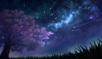 cherry_blossoms commentary_request dawn from_above grass highres night no_humans original scenery shadow shooting_star sky sky_focus star_(sky) yu02257951