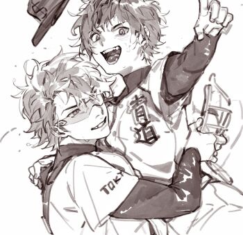 Rule 34 | 2boys, ace of diamond, baseball cap, baseball helmet, baseball jersey, baseball uniform, carrying, carrying person, compression shirt, fangs, floating hat, goggles, greyscale, hat, helmet, highres, holding, holding unworn helmet, jersey, mafuin da, male focus, miyuki kazuya, monochrome, multiple boys, open mouth, sawamura eijun, short hair, simple background, smile, sportswear, sweat, teeth, unworn headwear, unworn helmet, white background