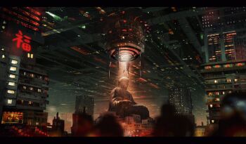 balcony blurry blurry_foreground buddha building city commentary dao_fu floating good_fortune_symbol grand_scale highres japanese_text kiginobiru_(hayapi) lantern light_beam megastructure original outdoors scenery science_fiction spotlight statue tractor_beam translated urban very_wide_shot window