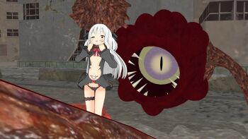 1girl 3d asphyxiation bad_end city defeat demon devil diamond_chan dungeon dying hanged highres legs loli mikumikudance monster neck_grab open_mouth pain ryona size_difference strangling tentacles torture unconscious white_hair