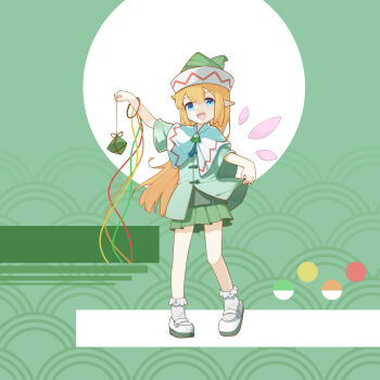 Rule 34 | 1girl, alternate costume, blonde hair, blue eyes, capelet, chinese commentary, commentary request, detached wings, edsky0309, full body, green background, green hat, green shirt, green skirt, hat, highres, holding, lily white, long hair, looking at viewer, mary janes, open mouth, pink wings, pleated skirt, pointy ears, shirt, shoes, skirt, smile, socks, solo, touhou, very long hair, white capelet, white shoes, white socks, wings