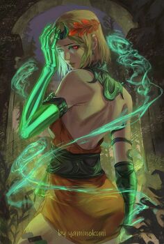 1girl ancient_greek_clothes ass asymmetrical_arms black_sclera blonde_hair bone colored_sclera dress glowing_arm greco-roman_clothes green_lips hades_(series) hades_2 highres laurel_crown melinoe_(hades) mismatched_sclera orange_dress red_eyes see-through_body short_hair skeletal_arm solo yaminokuni