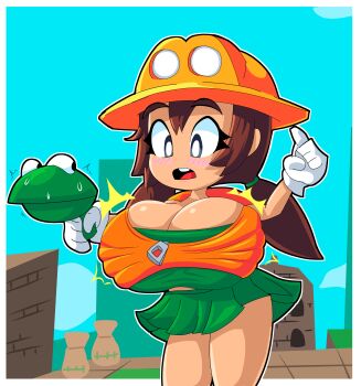 absurdres black_eyes black_outline breasts bright_pupils cleavage frogun_(series) gloves green_shirt green_skirt gun hat highres holding holding_gun holding_weapon index_finger_raised jacket low_twintails midriff_peek open_mouth oppai_loli orange_hat orange_jacket outdoors outline renata_(frogun) shirt single_tooth skirt teeth thick_outlines thighs twintails upper_teeth_only weapon white_gloves white_outline white_pupils yelladrill zipper