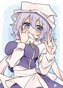 1girl blue_eyes blue_skirt blue_vest commentary highres lapel_pin letty_whiterock long_sleeves looking_at_viewer medium_hair minoru_minoru purple_hair scarf skirt solo symbol-only_commentary triangular_headpiece upper_body vest white_scarf