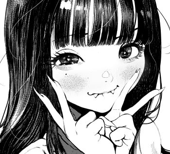 1girl biting_own_lip black_hair blunt_bangs blush close-up commentary commentary_request double_v eyelashes eyeliner eyeshadow fangs fingernails half-closed_eye heart heart-shaped_pupils highres kuniyasuyuuki looking_at_viewer makeup messy_hair original portrait sharp_fingernails solo squinting symbol-shaped_pupils v