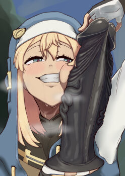 1boy blonde_hair blue_eyes blush bridget_(guilty_gear) dildo fingerless_gloves gloves grin guilty_gear guilty_gear_strive hair_between_eyes heart heart-shaped_pupils highres holding holding_sex_toy hood hood_up hoodie huge_dildo long_hair long_sleeves male_focus niko_andou sex_toy smile solo symbol-shaped_pupils trap