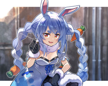 1girl animal_ear_fluff animal_ears black_gloves black_leotard black_pantyhose blue_hair braid carrot carrot_hair_ornament coat coat_dress coin commentary_request detached_sleeves don-chan_(usada_pekora) dress food-themed_hair_ornament fur-trimmed_coat fur-trimmed_gloves fur_scarf fur_trim gloves hair_ornament highres holding holding_coin hololive leotard leotard_under_clothes long_hair looking_at_viewer multicolored_hair pantyhose puffy_short_sleeves puffy_sleeves rabbit-shaped_pupils rabbit_ears rabbit_girl sakino_shingetsu shine short_eyebrows short_sleeves solo strapless strapless_coat strapless_dress strapless_leotard symbol-shaped_pupils thick_eyebrows twin_braids twintails two-tone_hair usada_pekora usada_pekora_(1st_costume) virtual_youtuber white_coat white_hair