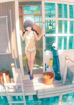 1girl ahoge bikini blue_archive braid cairaovo crocs fishing_rod full_body grey_halo halo hat hat_on_back highres leaf leaf_on_head looking_at_viewer miyu_(blue_archive) miyu_(swimsuit)_(blue_archive) official_alternate_costume print_bikini solo standing straw_hat swimsuit twin_braids white_bikini