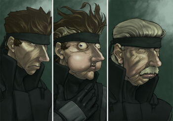 Rule 34 | 1boy, blonde hair, brown hair, caricature, crazy eyes, expressionless, headband, long nose, male focus, metal gear (series), metal gear solid, military, military uniform, old snake, parody, solid snake, transformation, upper body, wide-eyed