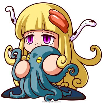 1girl animal animal_on_head artist_request blonde_hair blue_shoes commentary_request copyright_notice curly_ends freckles holding holding_animal jikkyou_powerful_pro_yakyuu jikkyou_powerful_pro_yakyuu_(style) long_hair no_mouth octavia_(pawapro) octopus official_art on_head power_pro_appli purple_eyes rayman_limbs shoes solo white_background