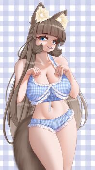 Rule 34 | 1girl, absurdres, animal ear fluff, animal ears, blue eyes, blunt bangs, breasts, brown hair, cat ears, cat girl, cat tail, cleavage, fang, fluffy, frilled crop top, frilled shorts, frills, highres, large breasts, long hair, looking at viewer, midriff, original, paw pose, plaid background, plaid clothes, shorts, simple background, smile, stomach, tail, takie, takie arts, thick thighs, thighs, very long hair, wide hips