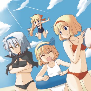 Rule 34 | 3girls, alice margatroid, alice margatroid (pc-98), alternate costume, ball, beachball, bikini, blonde hair, blue eyes, bow, capelet, cloud, dark persona, day, doll, dual persona, female focus, green eyes, grey hair, hair bow, hairband, innertube, lysander z, multiple girls, multiple persona, one-piece swimsuit, open mouth, ribbon, school swimsuit, school uniform, shanghai doll, short hair, sky, smile, swim ring, swimsuit, time paradox, touhou, touhou (pc-98)