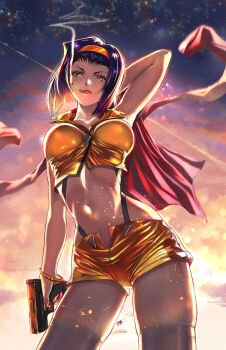 1girl adam_ryu_ford arm_at_side arm_up breasts cigarette closed_mouth commentary cowboy_bebop cowboy_shot cropped_shirt faye_valentine green_eyes gun hairband highres holding holding_gun holding_jacket holding_unworn_clothes holding_weapon jacket large_breasts lipstick looking_at_viewer makeup navel orange_hairband purple_hair red_jacket shirt short_hair shorts signature skindentation sky smoke smoke_trail smoking solo star_(sky) starry_sky thighhighs twilight unworn_jacket weapon yellow_shirt yellow_shorts