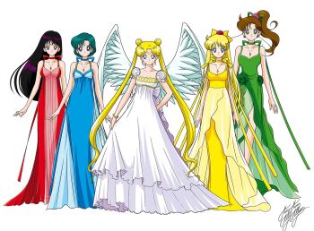 5girls aino_minako bishoujo_senshi_sailor_moon blonde_hair blue_dress blue_eyes breasts brown_hair cleavage crescent crescent_facial_mark double_bun dress facial_mark female_focus flower green_dress green_eyes green_hair hair_bun hair_flower hair_ornament hino_rei jewelry kino_makoto long_dress long_hair marco_albiero mizuno_ami multiple_girls necklace pendant pink_flower pink_rose ponytail princess_serenity purple_eyes purple_hair red_dress rose signature tsukino_usagi twintails very_long_hair white_background white_dress wings yellow_dress
