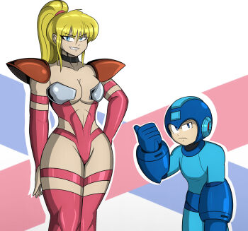 1boy 1girl android blonde_hair breasts ephssis highres large_breasts mega_man_(character) mega_man_(classic) mega_man_(series) roll_(mega_man)