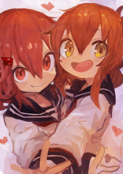 2girls absurdres black_sailor_collar brown_hair closed_mouth commentary fang folded_ponytail hair_between_eyes hair_ornament hairclip heart highres ikazuchi_(kancolle) inazuma_(kancolle) kaamin_(mariarose753) kantai_collection long_sleeves looking_at_viewer multiple_girls neckerchief open_mouth red_eyes red_neckerchief sailor_collar school_uniform serafuku simple_background skin_fang upper_body yellow_eyes
