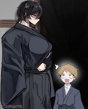 1boy 1girl ^^^ absurdres black_hair black_hakama black_kimono breasts brown_eyes brown_hair commentary cousins fushiguro_touji genderswap genderswap_(mtf) hair_between_eyes hakama highres huge_breasts indoors japanese_clothes jujutsu_kaisen kimono long_sleeves meme neuron_activation_(meme) open_mouth qdphattie toudou_naoya twitter_username wide_sleeves