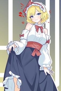 Rule 34 | 1girl, alice margatroid, armpit crease, bare shoulders, blonde hair, blue eyes, blue skirt, blush, bow, bowtie, breasts, clothes lift, collar, detached sleeves, frilled collar, frilled hairband, frilled shirt, frilled skirt, frills, hairband, head tilt, highres, long skirt, long sleeves, looking at viewer, medium breasts, puffy sleeve cuffs, red bow, red bowtie, shirt, short hair, simple background, skirt, skirt lift, sleeveless, sleeveless shirt, smile, solo, touhou, white sleeves, zivmf