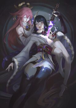 2girls absurdres animal_ear_piercing animal_ears arm_up armpit_crease asymmetrical_sleeves bare_legs black_thighhighs blunt_bangs braid breasts bridal_gauntlets cleavage closed_mouth commentary couple detached_sleeves empty_eyes english_commentary floating_hair flower flower_ornament fox_ears fox_girl genshin_impact glowing glowing_sword glowing_weapon grey_background hair_ornament hair_ribbon hand_on_another&#039;s_cheek hand_on_another&#039;s_face head_tilt headpiece highres holding holding_sword holding_weapon japanese_clothes jewelry kimono large_breasts leaning_back leaning_on_person leaning_to_the_side long_braid long_hair long_sleeves looking_at_viewer looking_down looking_to_the_side low-tied_long_hair mitsudomoe_(shape) mole mole_under_eye multicolored_hair multiple_girls neck_ribbon no_pupils off_shoulder parted_lips pendant pink_hair pink_lips pink_nails purple_eyes purple_flower purple_hair purple_kimono purple_ribbon raiden_shogun red_ribbon red_sash ribbon sash shade single_braid streaked_hair sword teeth thighhighs tomoe_(symbol) uneven_sleeves weapon wide_sleeves yae_miko yuri zoe_(crownsforkings)