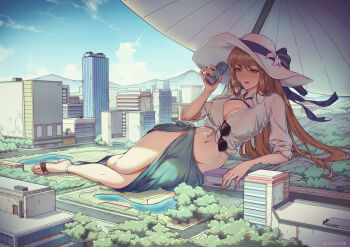 1girl absurdres aqua_sarong beach_umbrella blue_sky breasts brown_hair building can city cloud commentary commission david_higashi drink_can english_commentary eyewear_hang giant giantess girls&#039;_frontline green_eyes hat highres holding holding_can large_breasts long_hair navel official_alternate_costume outdoors sarong second-party_source shirt sidelocks sky skyscraper solo springfield_(girls&#039;_frontline) springfield_(stirring_mermaid)_(girls&#039;_frontline) stomach sun_hat tied_shirt umbrella unworn_eyewear white_hat