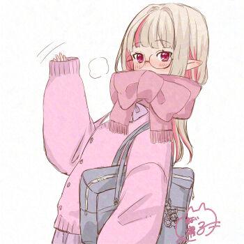 1girl absurdres alternate_costume bag brown_hair cardigan colored_inner_hair glasses hand_up highres long_hair makaino_ririmu mayoineko multicolored_hair nijisanji pink_cardigan pink_eyes pink_scarf pointy_ears scarf school_bag shoulder_bag signature simple_background solo two-tone_hair upper_body virtual_youtuber white_background