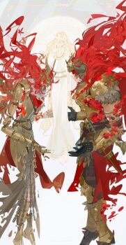 Rule 34 | 1girl, 2boys, absurdres, armor, blonde hair, breastplate, brother and sister, brown robe, cape, commentary, covered face, crumbling, dress, elden ring, elden ring: shadow of the erdtree, english commentary, fake horns, floating hair, from side, fur-trimmed cape, fur trim, helmet, highres, hole on body, hollow body, horned helmet, horns, inset border, long hair, malenia blade of miquella, mechanical arms, mechanical legs, miquella (elden ring), multiple boys, nslacka, pauldrons, prosthesis, prosthetic arm, prosthetic leg, red cape, red hair, robe, shoulder armor, siblings, simple butterfly, starscourge radahn, sword, symmetry, weapon, white dress, winged helmet