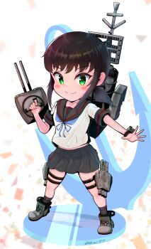1girl absurdres anchor anchor_symbol black_sailor_collar black_skirt black_socks blue_neckerchief blush boots brown_hair chibi collarbone commentary_request confetti fubuki_(kancolle) fubuki_kai_ni_(kancolle) full_body green_eyes grey_boots highres holding holding_turret kantai_collection kneehighs looking_at_viewer low_ponytail mast medium_hair midriff_peek miniskirt neckerchief outstretched_arm panties pantyshot pantyshot_through_reflection pleated_skirt ponytail radar reflection rigging sailor_collar ship_turret shirt short_sleeves sidelocks skirt smile smokestack socks solo standing thigh_strap torpedo_launcher turret twitter_username underwear white_panties white_shirt yoko_hata