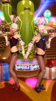 1boy 1girl 3d alisaie_leveilleur alphinaud_leveilleur artist_request bow bowtie brother_and_sister crossdressing drink elezen elf gift high_heels highres holding_hands jewelry lipstick looking_at_viewer makeup male_playboy_bunny playboy_bunny pointy_ears ponytail rabbit_ears rabbit_tail short_hair siblings tight_clothes twins white_hair