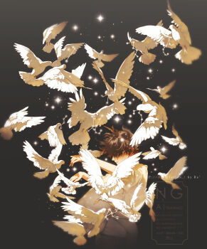 1boy bird brown_hair commentary_request dove hair_over_one_eye highres original profile rido_(ridograph) shirt short_hair solo white_shirt