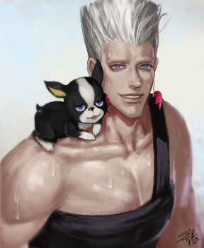 1boy animal animal_on_shoulder blue_eyes blurry dated dog earrings fan_ju grey_hair iggy_(jojo) jean_pierre_polnareff jewelry jojo_no_kimyou_na_bouken looking_at_viewer no_eyebrows signature sweat tongue tongue_out