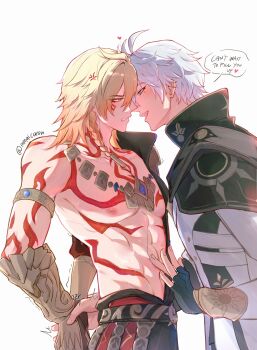 2boys absurdres anger_vein antenna_hair arm_tattoo armlet armor black_choker black_coat black_gloves black_shirt blonde_hair blue_eyes blush braid chest_tattoo choker clawed_gauntlets coat commentary_request earrings facial_tattoo fingerless_gloves gloves gold_earrings gold_necklace gradient_hair highres holding_another&#039;s_wrist honkai:_star_rail honkai_(series) jewelry korean_commentary male_focus medium_hair mmaicaron multicolored_hair multiple_boys muscular muscular_male mydei_(honkai:_star_rail) neck_tattoo necklace open_clothes open_coat parted_bangs pauldrons phainon_(honkai:_star_rail) red_hair red_tattoo restrained shirt short_hair shoulder_armor side_braid single_glove single_pauldron sun_symbol sun_tattoo tan tattoo white_coat white_hair yaoi yellow_eyes