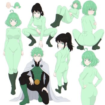 Rule 34 | 2boys, 4girls, ahoge, akii (akii4z), arm support, ass, bald, black bodysuit, black hair, bodysuit, boots, breasts, brother and sister, cape, closed mouth, collared bodysuit, commentary request, covered groin, cowboy shot, curly hair, equation, father and child, father and daughter, father and son, flipped hair, from above, from behind, frown, full body, green bodysuit, green boots, green eyes, green hair, grey cape, hand on ground, hand on own arm, hand on own thigh, hands on own hips, hands on own stomach, head only, high ponytail, highres, if they mated, large breasts, long hair, long sleeves, looking at viewer, looking back, lying, medium hair, messy hair, mother and child, mother and daughter, mother and son, multicolored bodysuit, multiple boys, multiple girls, multiple views, on back, on one knee, one-punch man, original, parent and child, ponytail, saitama (one-punch man), short hair, shy, siblings, sidelocks, simple background, sisters, small breasts, smile, spread legs, squatting, straight-on, straight hair, superhero costume, sweatdrop, tatsumaki, thighs, two-tone bodysuit, wavy hair, white background, wide spread legs