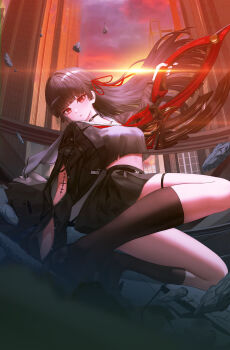 Rule 34 | 1girl, absurdres, arm cutout, black choker, black hair, black jacket, black serafuku, black shirt, black skirt, black socks, breasts, chisa (wuthering waves), choker, closed mouth, clothing cutout, commentary, evening, floating hair, hair floating upwards, highres, holding, holding sword, holding weapon, jacket, long hair, long sleeves, looking at viewer, looking to the side, medium breasts, neckerchief, red eyes, red neckerchief, sailor collar, school uniform, serafuku, shirt, skirt, socks, solo, squatting, sword, tacet mark (wuthering waves), turning head, weapon, white sailor collar, won (won3355), wuthering waves