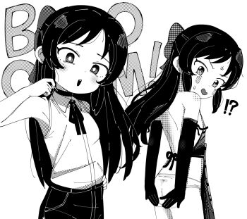 !? absurdres anger_vein backless_dress backless_outfit bomb_devil_(chainsaw_man) bomb_devil_(chainsaw_man)_(cosplay) bow breasts chainsaw_man choker collared_shirt cosplay covering_ass covering_privates dress elbow_gloves gloves greyscale hair_bow hand_on_own_neck highres idolmaster idolmaster_cinderella_girls idolmaster_cinderella_girls_u149 long_hair looking_at_viewer monochrome neck_ribbon open_mouth panties reze_(chainsaw_man) reze_(chainsaw_man)_(cosplay) ribbon samename111 shirt shirt_tucked_in simple_background sleeveless sleeveless_shirt small_breasts sweat tachibana_arisu underwear