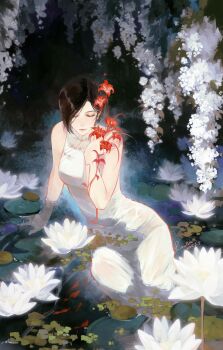 1girl absurdres ada_wong arm_support bare_arms bare_shoulders black_hair breasts china_dress chinese_clothes chinese_commentary closed_eyes closed_mouth commentary_request dated dress earrings flower hair_behind_ear highres jewelry lips medium_breasts mofa_shuimu_jiang outdoors partially_submerged red_flower resident_evil resident_evil_4 resident_evil_4_(remake) short_hair signature single_earring sitting sleeveless sleeveless_dress solo water wet wet_clothes wet_dress white_dress white_flower yokozuwari