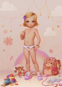 1girl alkemanubis backpack bag blonde_hair blue_eyes blush book bow bracelet carrot_panties carrot_print doll eraser female_focus flat_chest floral_print flower_panties flute food_print full_body hair_bow highres instrument jewelry loli looking_at_viewer navel nipples panties pencil pink_shoes print_panties rainbow recorder ruler shoes short_hair smile sneakers socks solo standing star_(symbol) topless_female toy toy_train underwear white_panties white_socks