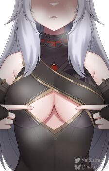 1girl absurdres bare_shoulders black_dress blush breasts china_dress chinese_clothes cleavage_cutout clothing_cutout commentary demon_girl dress english_commentary grey_hair highres indie_virtual_youtuber long_hair lucy_pyre matt_estrela medium_breasts nervous nervous_sweating paizuri_invitation presenting sexually_suggestive sweat teasing virtual_youtuber white_background