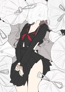 1girl absurdres asphyxiation bag black_sailor_collar black_serafuku black_shirt black_skirt bound bound_wrists breasts brown_hair cleavage collarbone commentary_request cowboy_shot death highres long_hair long_sleeves mano_aaa medium_breasts miniskirt neckerchief original plastic_bag pleated_skirt red_neckerchief sailor_collar school_uniform serafuku shirt skirt solo taped_hands trash_bag unfinished
