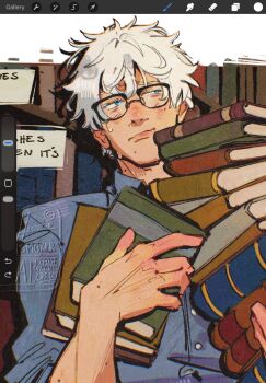 1boy art_program_in_frame blue_eyes book closed_mouth commentary cowboy_shot english_commentary english_text glasses gojou_satoru highres holding holding_book hunnismokah jujutsu_kaisen looking_to_the_side male_focus mole short_hair solo white_hair