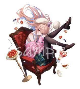 1girl black_pantyhose blue_hair bow brown_hair brown_shoes closed_mouth commentary_request couch cup floating_hair food fruit full_body green_skirt highres ice_cream indie_virtual_youtuber kano_mahoro loafers long_hair looking_at_viewer multicolored_hair off_shoulder on_couch orange_eyes pantyhose pink_bow sa-ya2 sample_watermark shirt shoes sitting skirt sleeveless sleeveless_shirt smile strawberry teacup two-tone_hair virtual_youtuber watermark white_shirt