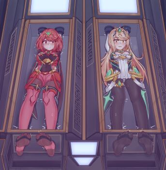 2girls absurdres black_pantyhose blonde_hair blush breasts circlet cleavage cleavage_cutout clothing_cutout core_crystal_(xenoblade) dress elbow_gloves feet galiter gloves highres long_hair looking_at_viewer lying medium_breasts medium_hair multiple_girls mythra_(massive_melee)_(xenoblade) mythra_(xenoblade) nintendo no_shoes on_back open_mouth panties pantyhose pyra_(xenoblade) red_eyes red_hair red_shorts red_thighhighs restrained shorts soles stirrup_legwear super_smash_bros. swept_bangs thighhighs toeless_legwear toes underwear white_dress white_gloves white_panties xenoblade_chronicles_(series) xenoblade_chronicles_2 yellow_eyes